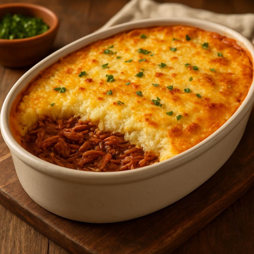 Entree: Brazil – Brazilian Street Food – Escondidinho (Baked casserole of mashed cassava layered over seasoned shredded meat and melted cheese) recipe