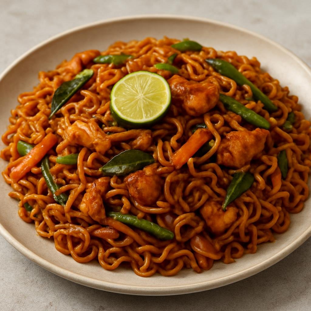 Entree: Malaysia – Malaysian Indian – Maggi Goreng (Stir-fried instant Maggi noodles with spicy-savoury Malaysian Indian seasonings, vegetables, and protein) recipe