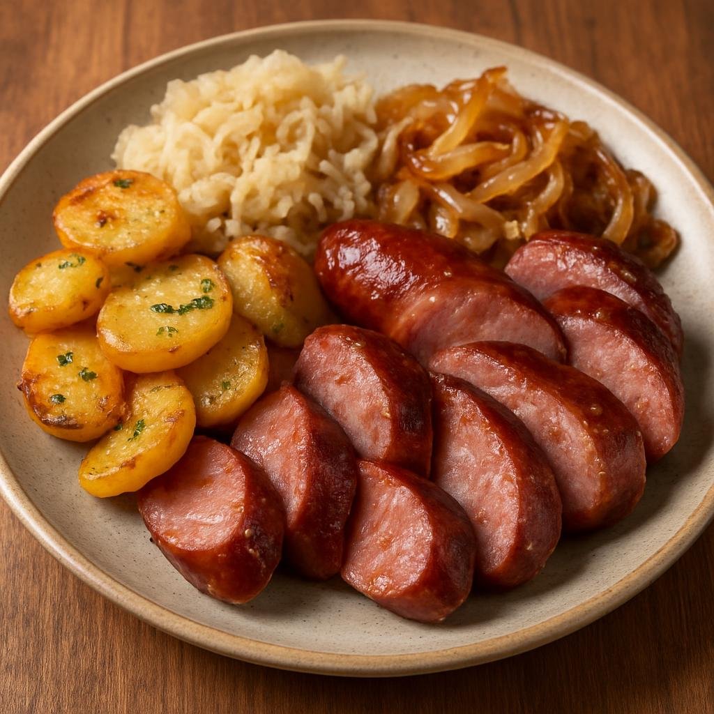 Entree: Ukraine – Kyiv & Central Ukraine – ковбаса ➤ kovbasa (Traditional Ukrainian smoked pork sausage typically sliced and pan-seared or braised, served with onions, potatoes, or sauerkraut) recipe