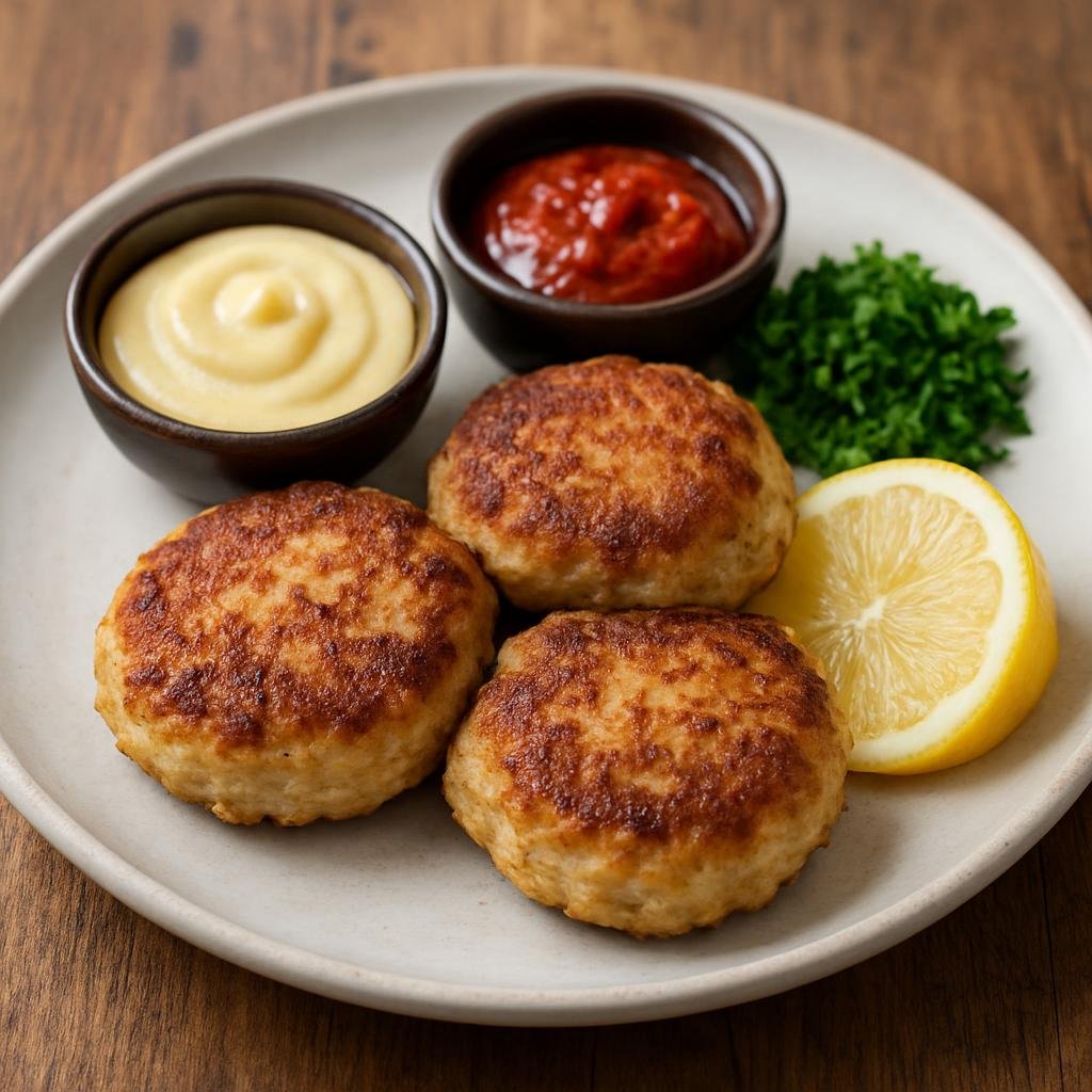 Entree: Denmark – Funen – Fiskefrikadeller (Classic Danish pan-fried fish cakes made from minced white fish, onion, egg, and flour, served hot with lemon and condiments) recipe
