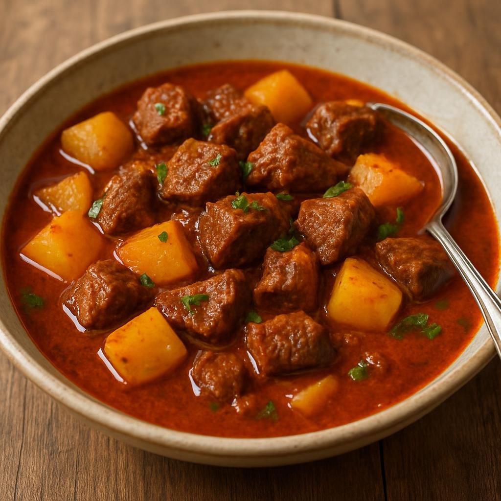 Entree: Romania – Transylvania – Gulaș de vită (Hearty Transylvanian beef stew flavored with sweet paprika, onions, and potatoes) recipe