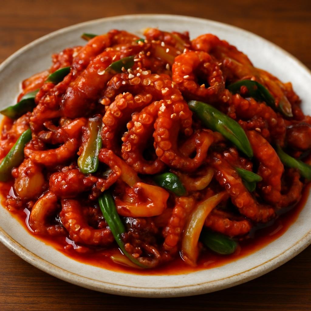 Entree: South Korea – Jeolla – 고창 쭈꾸미 볶음 ➤ Gochang jjukkumi bokkeum (Spicy stir-fried baby octopus tossed in a gochujang-based sauce with vegetables) recipe