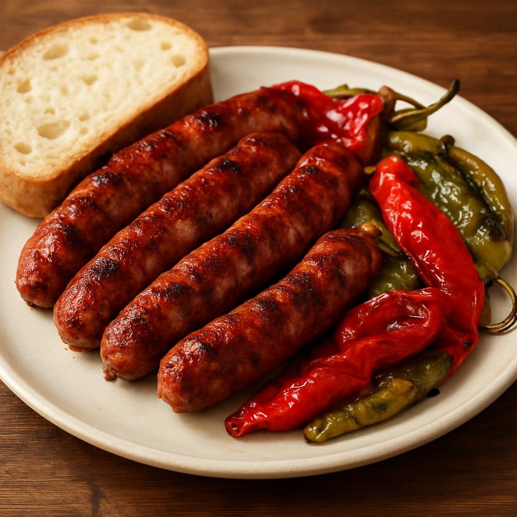 Entree: Bulgaria – Southern Culinary Region – Карначе ➤ Karnache (Grilled Bulgarian pork sausages seasoned with paprika and garlic, served with roasted peppers and bread) recipe