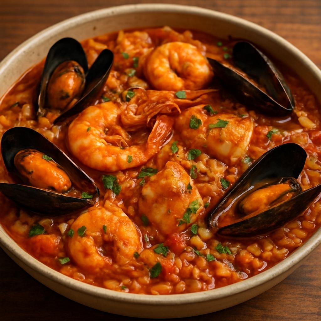 Entree: Cape Verde – Southern Culinary Region – Arroz de Marisco (Cape Verdean seafood rice cooked in a flavorful tomato and fish-broth stew) recipe