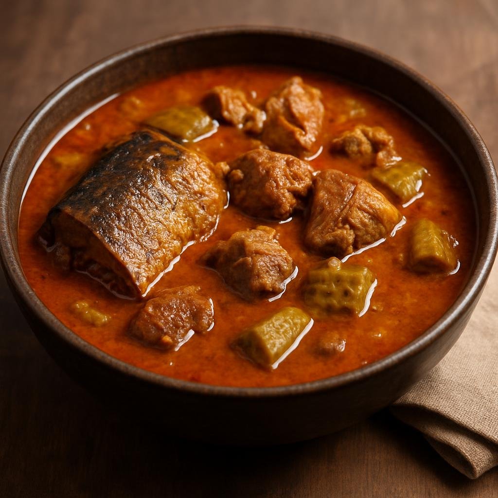 Entree: Central African Republic – Southern Culinary Region – Banga Soup (Palm-fruit–based savory soup made from extracted palm nuts with smoked fish and meat) recipe