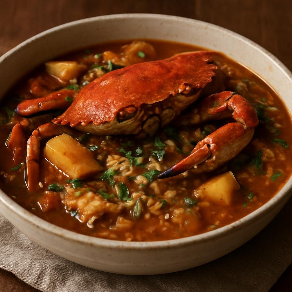 Entree: French Guiana – Southern Culinary Region – Matété de Crabe (Creole-style crab and rice stew braised with manioc, aromatic herbs, and spicy Creole seasonings) recipe