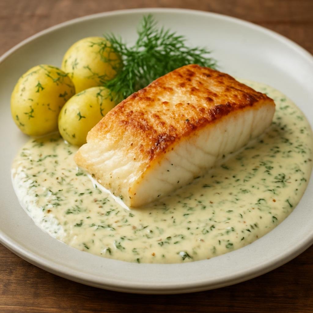 Entree: Sweden – West Coast Sweden – Torskrygg (Pan-seared cod loin served with a creamy dill and mustard sauce typical of Sweden's west coast) recipe