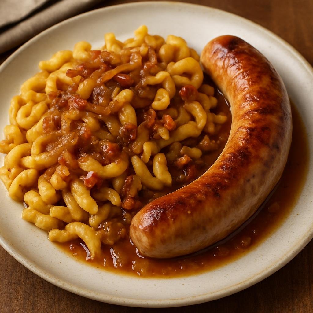 Entree: Germany – Franconia – Bamberger Hörnla mit Bratwurst (Franconian small horn-shaped egg pasta served with pan-roasted bratwurst and a savory onion-bacon gravy) recipe