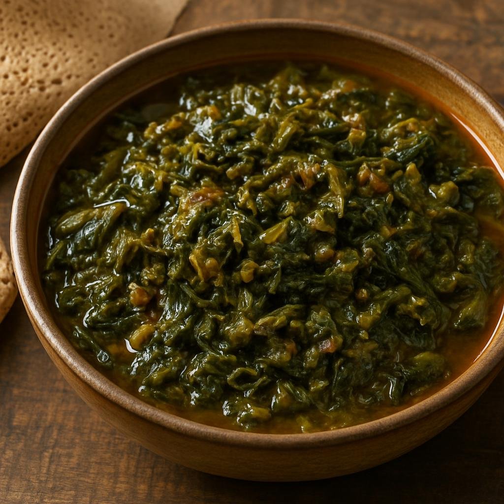 Entree: Ethiopia – Central Culinary Region – ጎመን ወጥ ➤ gomen wot (Slow-simmered Ethiopian stew of collard greens flavored with spiced clarified butter and aromatics) recipe