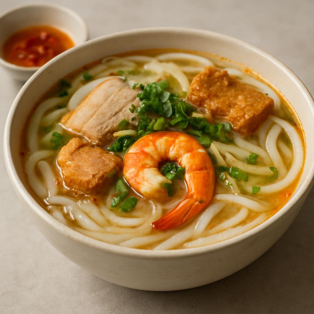 Entree: Vietnam – Hue – Bánh Canh Nam Phổ (Thick Vietnamese tapioca-rice noodle soup from Hue with a clear savory pork and seafood broth) recipe