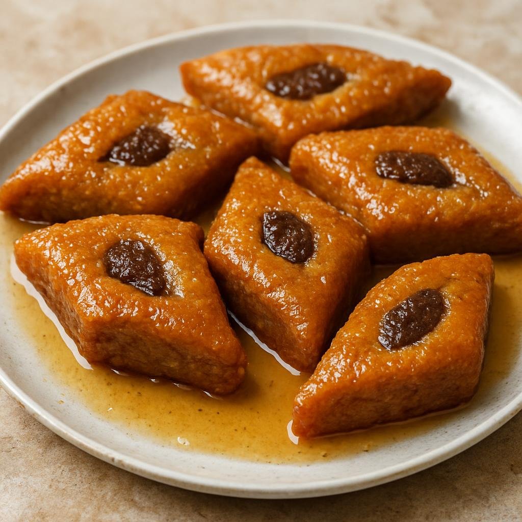 Entree: Algeria – Kabylie – المقروض ➤ al-Maqrūḍ (Diamond-shaped semolina pastry filled with date paste, fried and soaked in honey syrup) recipe