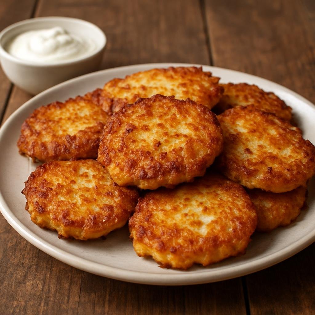 Entree: Ukraine – Kyiv & Central Ukraine – Картопляники ➤ Kartoplyanyky (Pan-fried potato patties made from grated potatoes, onion, egg, and flour) recipe
