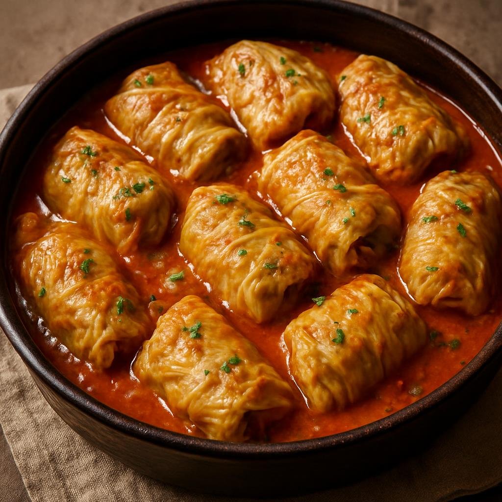 Entree: Finland – Lapland – Kaalikääryleet (Cabbage leaves filled with seasoned ground meat and rice, slowly baked in a savory tomato-broth sauce) recipe