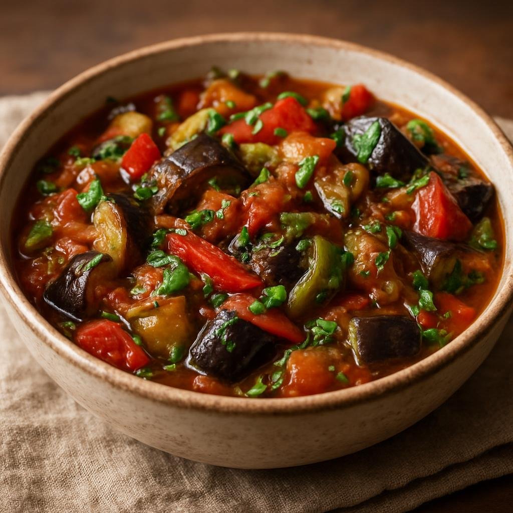 Entree: Georgia – Samegrelo – აჯაფსანდალი ➤ ajapsandali (Georgian stewed summer vegetables with eggplant, peppers, tomatoes, and fresh herbs) recipe
