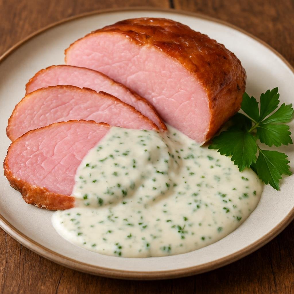 Entree: Ireland – Ulster / Northern Border – Gammon with Parsley Sauce (Cured and cooked ham joint served sliced with a creamy parsley white sauce) recipe