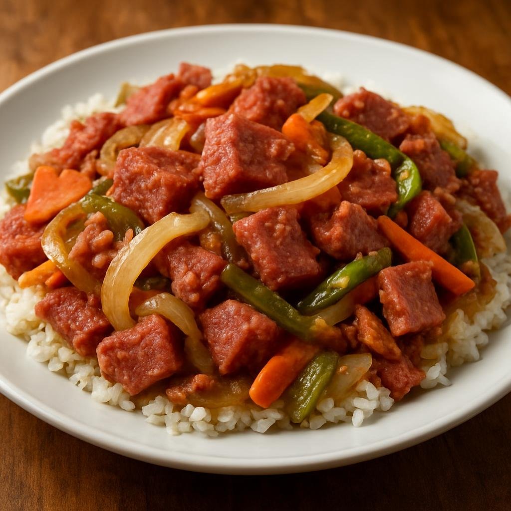 Entree: American Samoa – Southern Culinary Region – Pisupo (Pan-fried canned corned beef cooked with onions and vegetables, served as a hearty island main) recipe