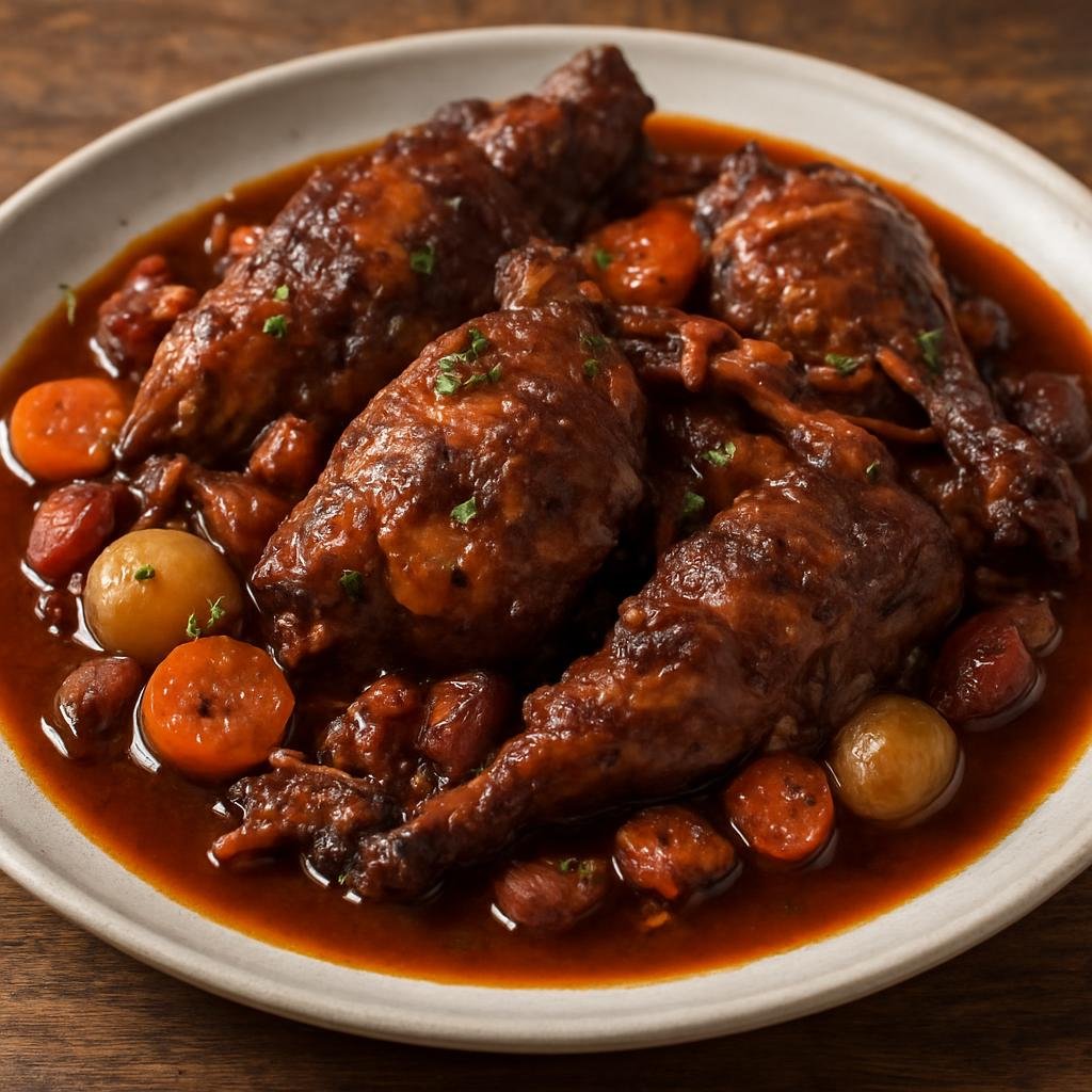 Entree: French Southern Territories – Southern Culinary Region – Civet de Lapin (Slow-braised rabbit stew in a rich red wine, shallot, and bacon sauce) recipe