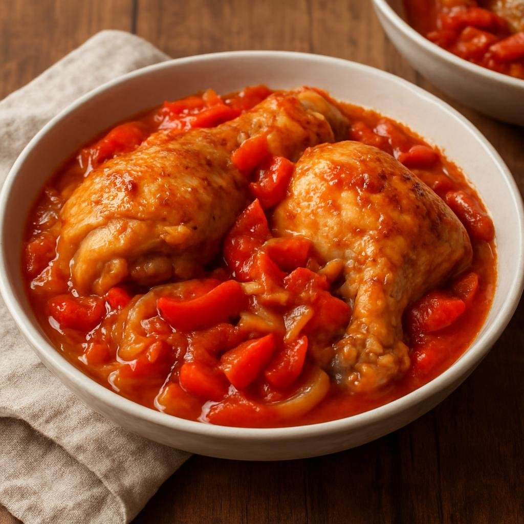 Entree: Hungary – Transdanubia – Lecsós Csirke (Chicken cooked with lecsó — a paprika, tomato, and onion pepper stew) recipe