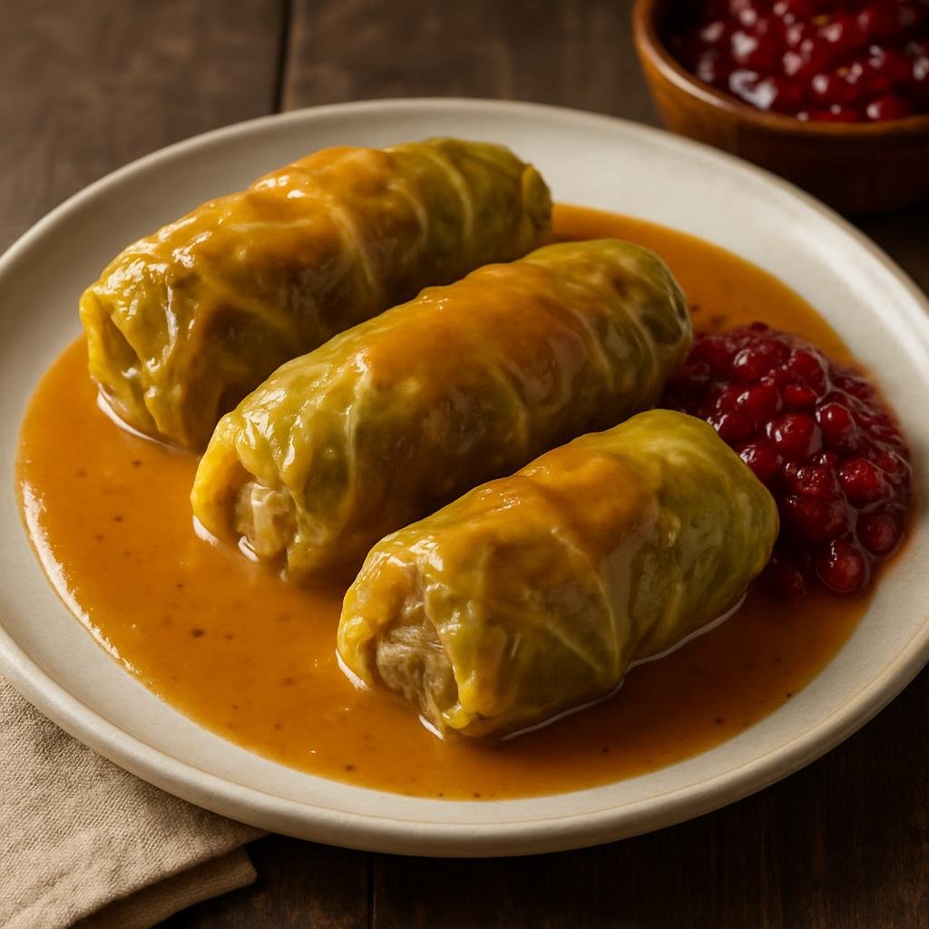Entree: Sweden – West Coast Sweden – Kåldolmar (Swedish cabbage rolls filled with seasoned meat and rice, baked and served with gravy and lingonberry) recipe