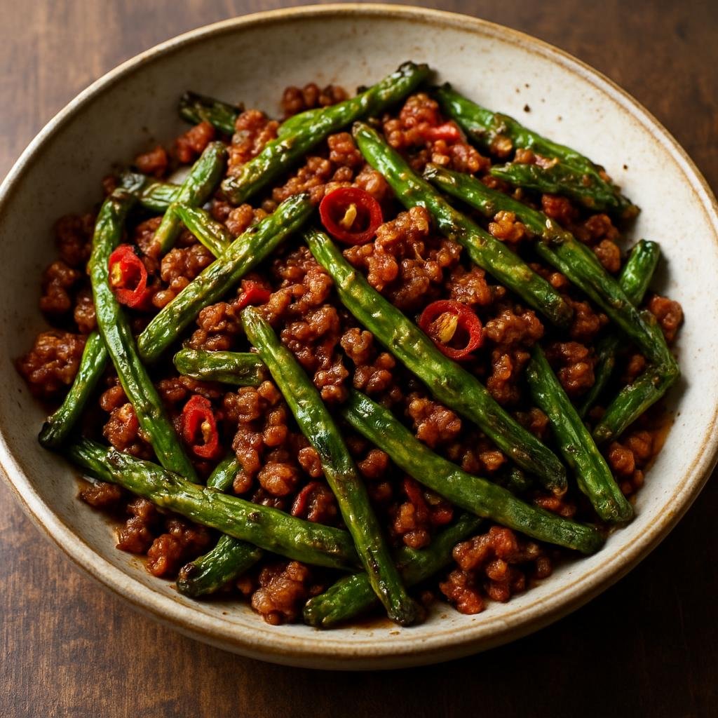Entree: China – Central Culinary Region – 干煸四季豆 ➤ Gan bian si ji dou (Stir-fried Sichuan-style green beans blistered and tossed with savory minced pork, garlic, and chilies) recipe