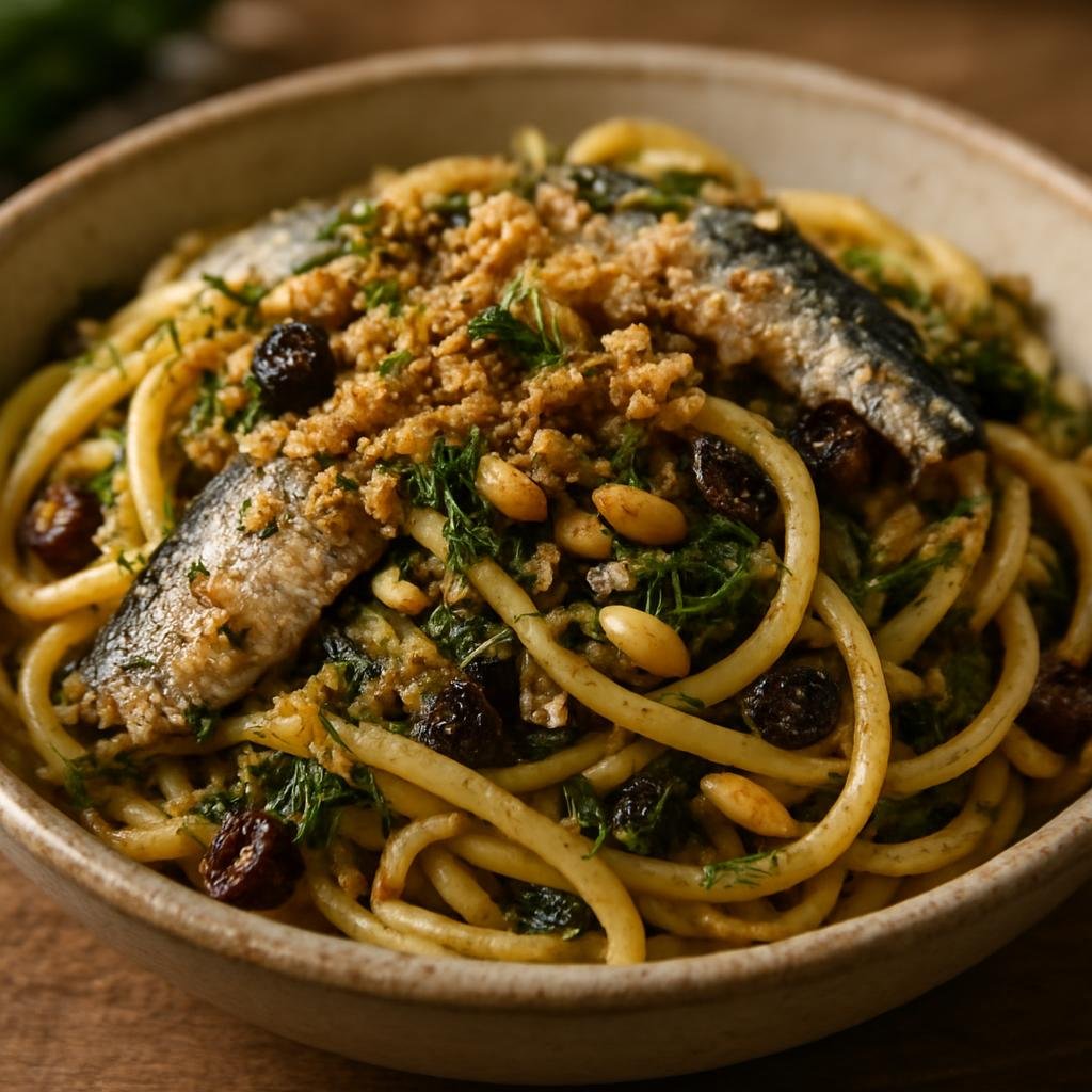 Entree: Italy – Calabria – Pasta con le Sarde (Pasta with fresh sardines, wild fennel, raisins, pine nuts, and toasted breadcrumbs) recipe