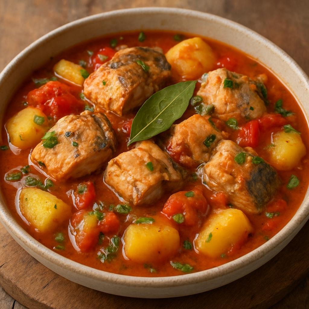Entree: Portugal – Lisbon – Caldeirada de Peixe (Traditional Portuguese mixed fish stew with potatoes, tomatoes, and aromatic herbs) recipe