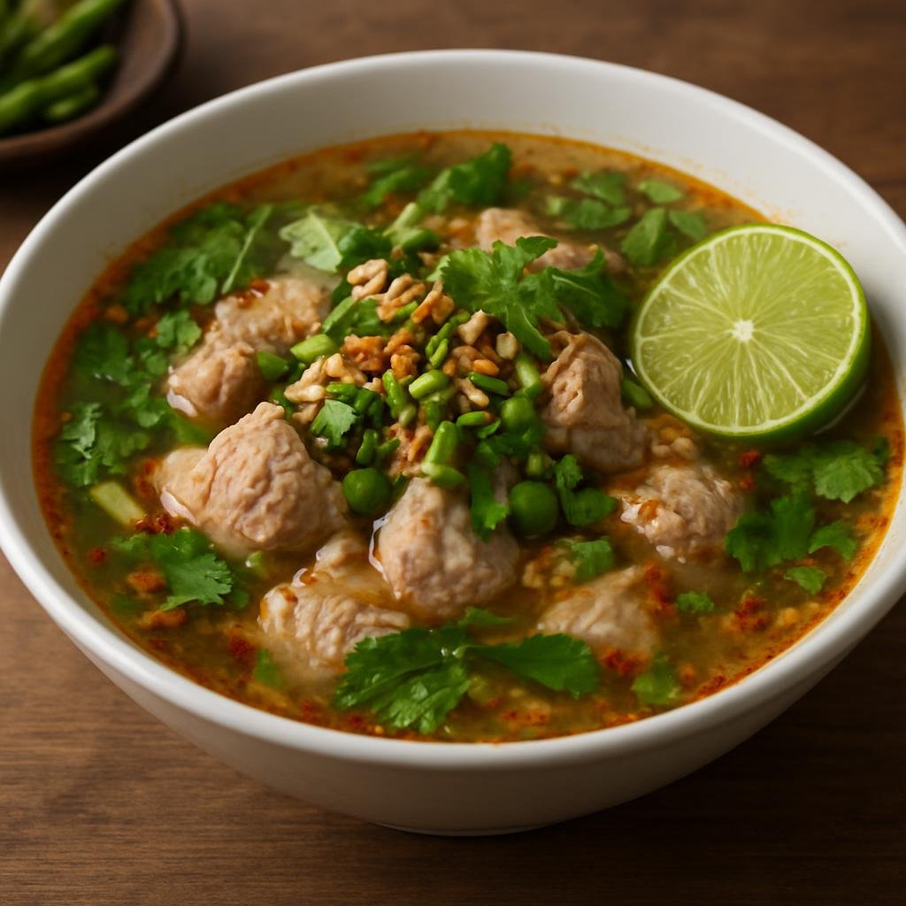 Entree: Thailand – Northeastern Isan – ต้มแซ่บ ➤ Tom Saap (A spicy, sour northeastern Thai clear soup made with pork, fresh herbs, toasted rice and lime) recipe