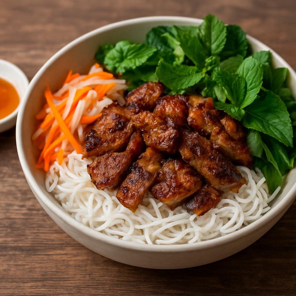 Entree: Vietnam – Hue – Bún Thịt Nướng (Grilled marinated pork served over cold rice vermicelli with fresh herbs, pickled vegetables and a fish-sauce dressing) recipe