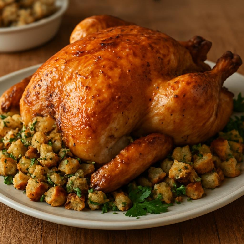 Entree: Ireland – Ulster / Northern Border – Roast Chicken with Stuffing (Roast whole chicken served with a savory herb-and-bread stuffing) recipe