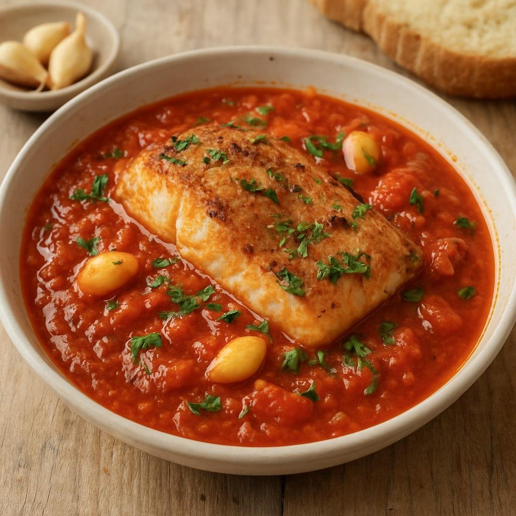 Entree: Israel – Mediterranean Israeli – חריימה ➤ Chraime (Spicy tomato-and-garlic North African Jewish fish stew popular in Israeli Mediterranean cuisine) recipe