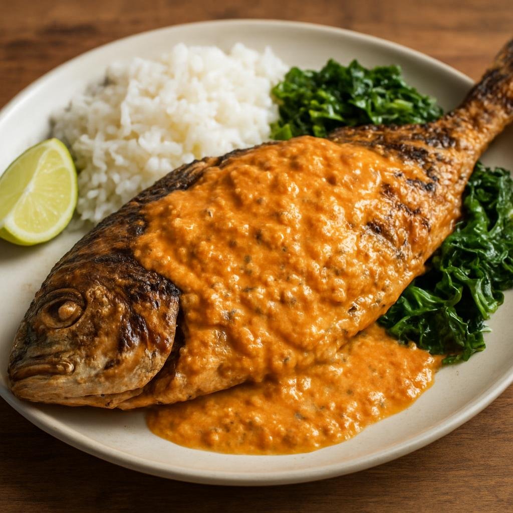 Entree: Kenya – Rift Valley – Samaki wa Kupaka (Grilled whole fish topped with a creamy coconut-and-ground-peanut tomato sauce) recipe