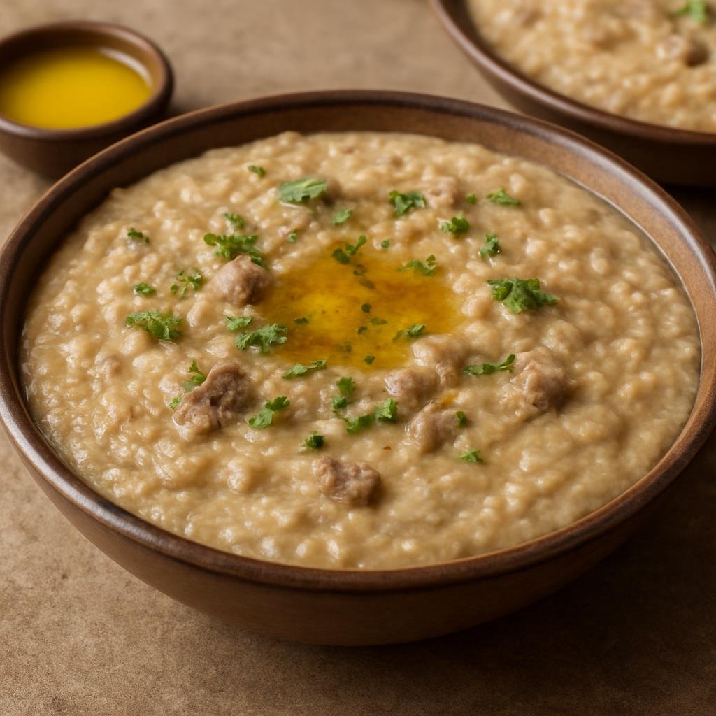 Entree: Saudi Arabia – Najd – هريس ➤ Harees (Slow-cooked wheat and meat porridge pureed to a creamy, savory consistency and finished with ghee) recipe