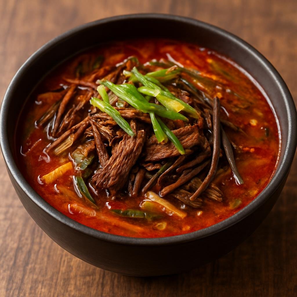 Entree: South Korea – Jeolla – 장흥 육개장 ➤ Jangheung yukgaejang (Spicy shredded beef soup with scallions, fernbrake, and vegetables from Jangheung) recipe