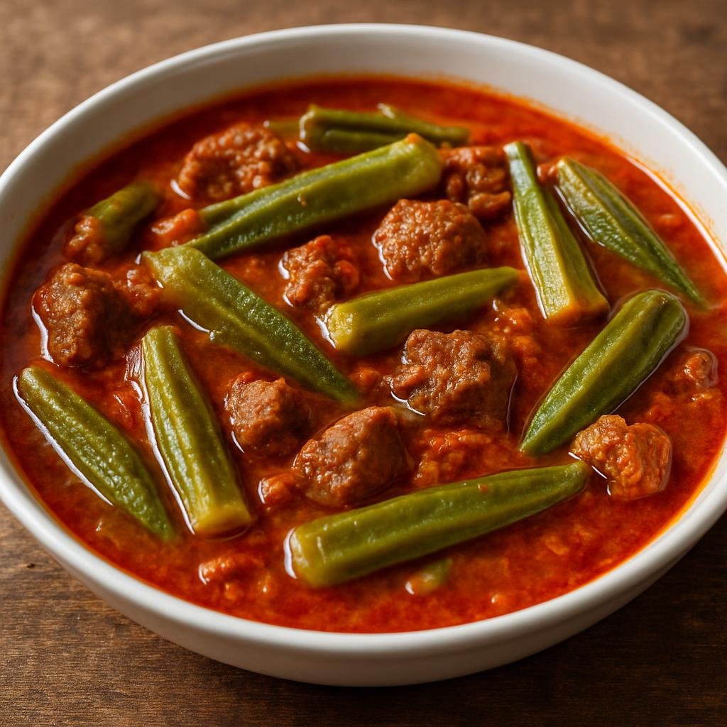 Entree: Bosnia and Herzegovina – Southern Culinary Region – Bamija (Bosnian okra and meat stew cooked in a tomato-based sauce) recipe