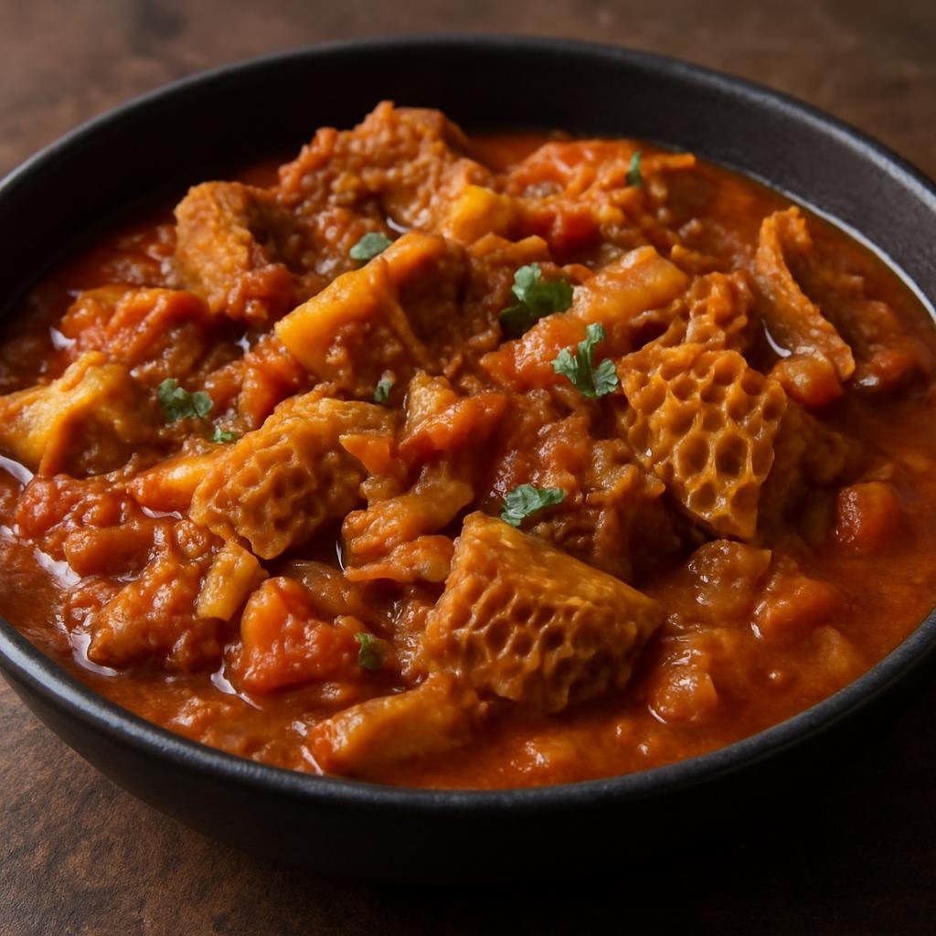 Entree: Botswana – Southern Culinary Region – Mogodu (Slow-simmered beef tripe stew flavored with onions, tomatoes, and local spices) recipe