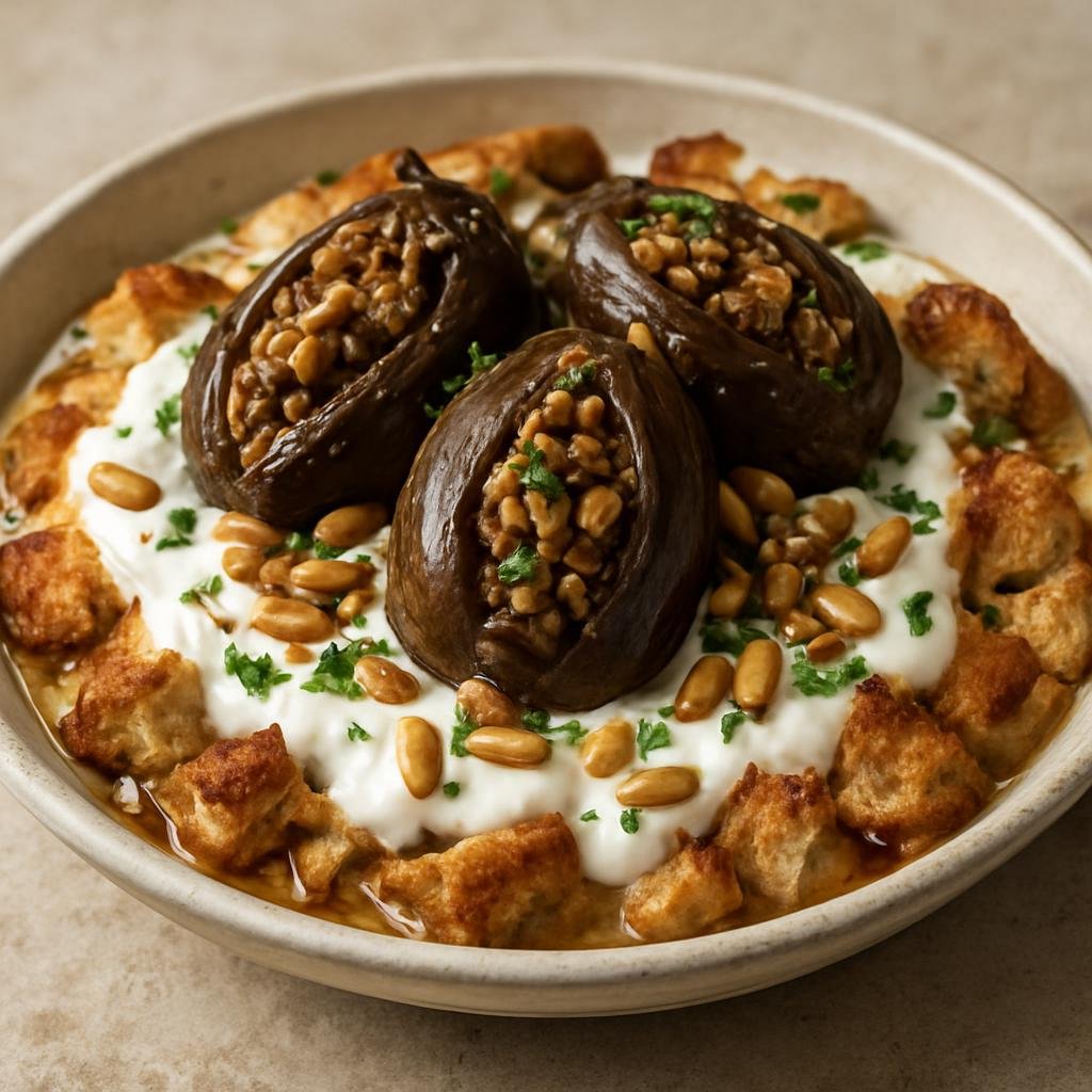 Entree: Lebanon – Northern Lebanon – فتّة مكدوس ➤ Fattet Makdous (Warm layered dish of torn toasted bread and garlicky yogurt topped with oil-cured stuffed eggplants and toasted nuts) recipe