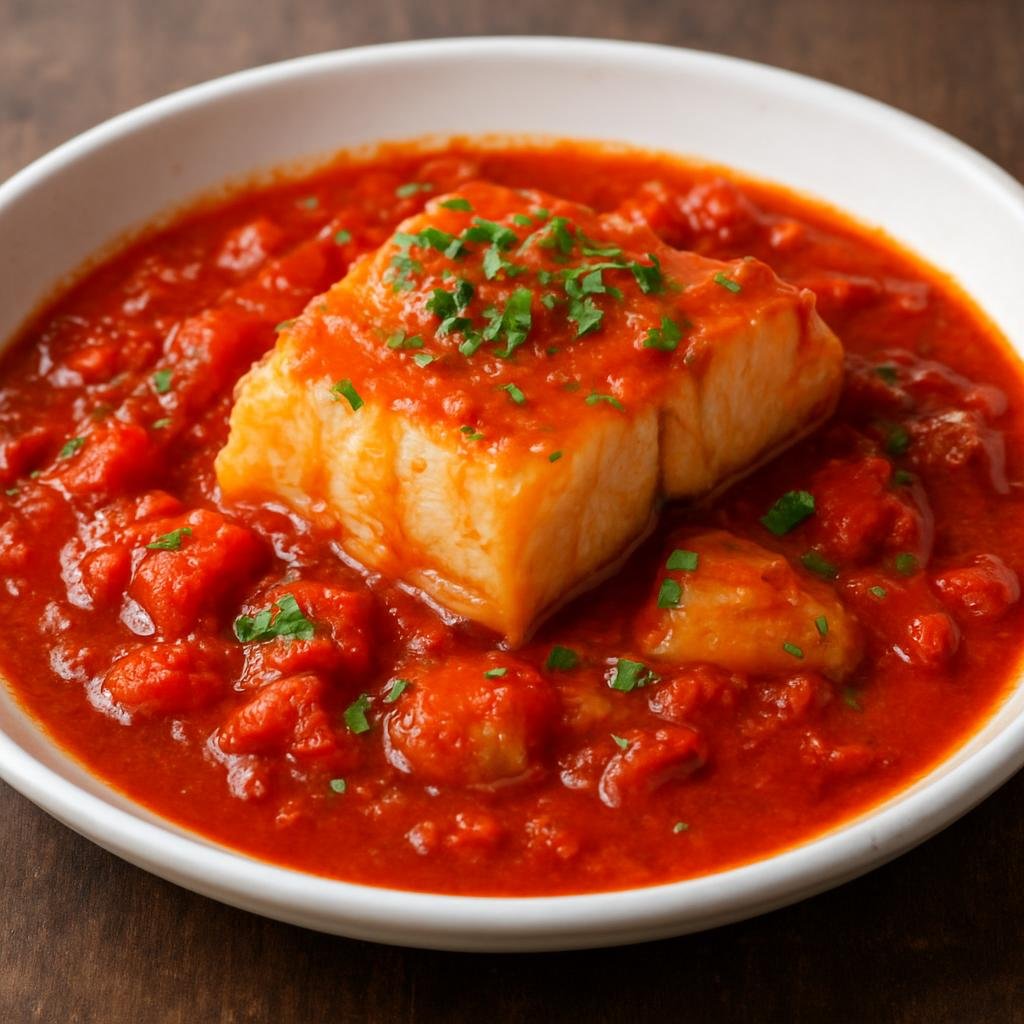 Entree: Spain – Basque Country – Bacalao a la Vizcaína (Salted cod simmered in a rich Basque red pepper and tomato sauce) recipe