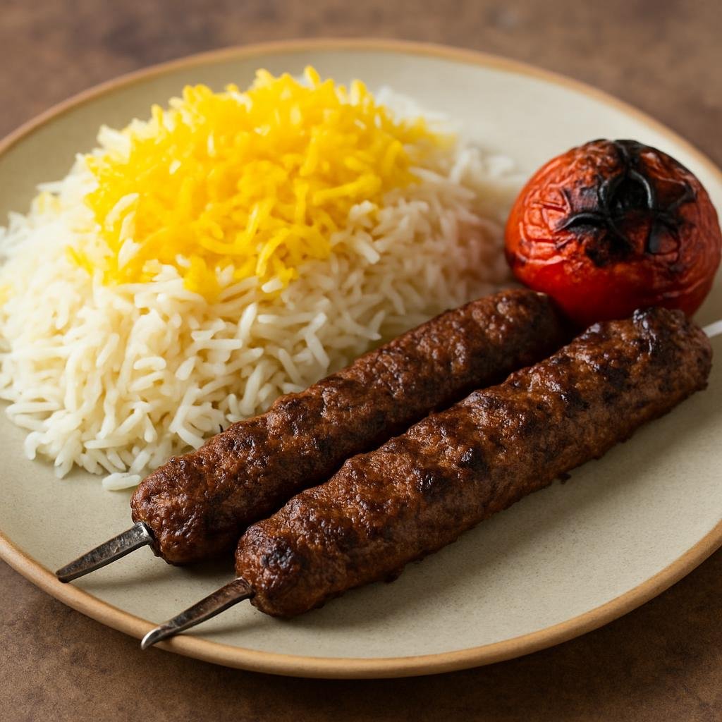 Entree: Iran – Khorasan – چلو کباب ➤ Chelow Kabab (Steamed saffron basmati rice served with grilled skewered ground lamb kebabs and charred tomato) recipe
