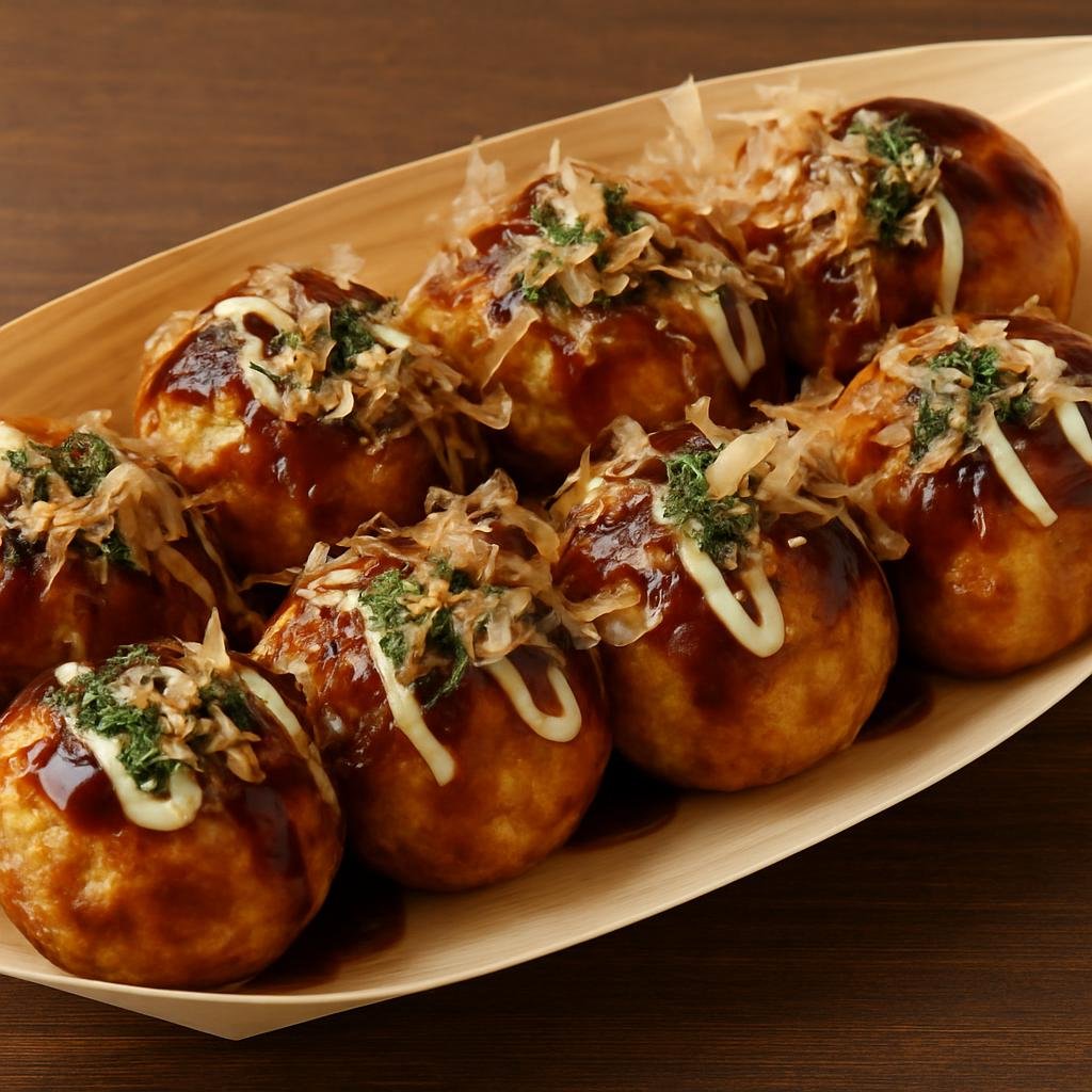 Entree: Japan – Kansai / Osaka-Kyoto – たこ焼き ➤ Takoyaki (Savory fried batter balls filled with diced octopus and topped with sauce, mayonnaise, bonito flakes, and seaweed) recipe