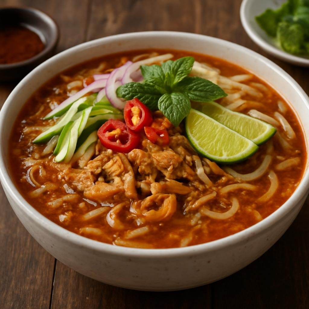Entree: Malaysia – Penang – Penang Assam Laksa (Spicy-sour mackerel noodle soup with a tamarind-based fish broth) recipe
