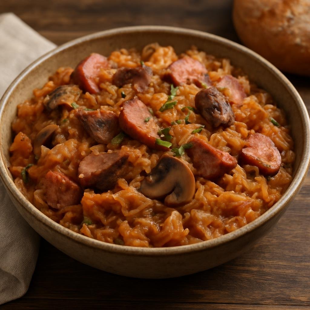Entree: Poland – Podlasie – Bigos (Hearty Polish hunter's stew of sauerkraut, fresh cabbage, mixed smoked and fresh meats, and mushrooms) recipe
