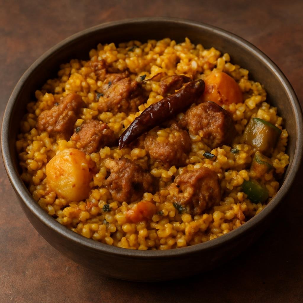 Entree: Bangladesh – Dhaka & Central Bangladesh – ভুনা খিচুড়ি ➤ Bhuna Khichuri (Hearty Bengali rice-and-lentil pilaf slow-cooked with spices and finished browned with meat and vegetables) recipe