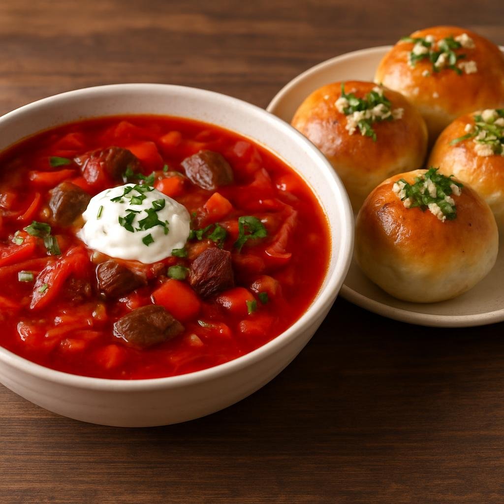 Entree: Ukraine – Odesa & Black Sea – Борщ з пампушками ➤ Borshch z pampushkamy (Hearty beet-based soup with beef and root vegetables served with small garlicky yeast buns called pampushky) recipe