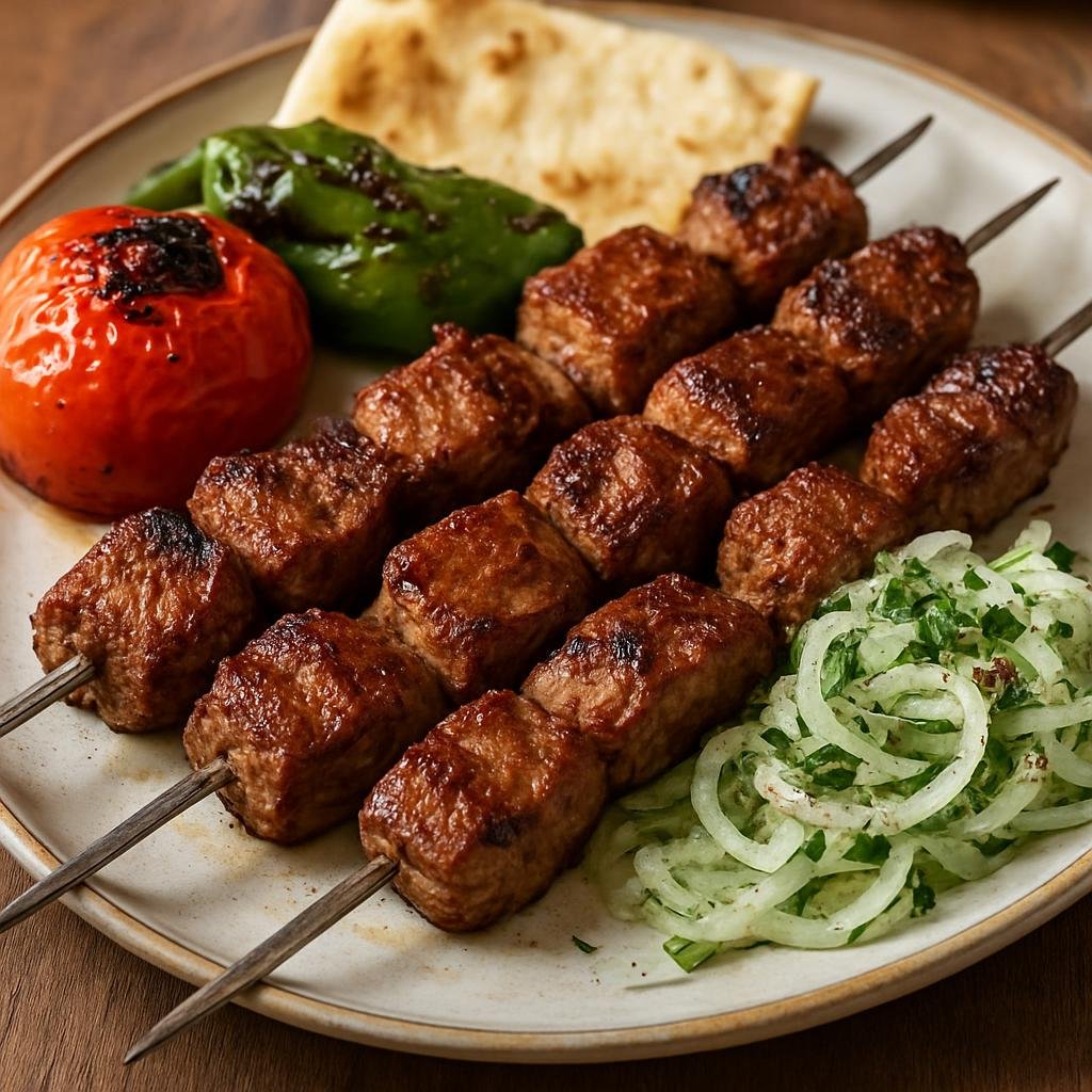 Entree: Azerbaijan – Nakhchivan – Shashlik (Marinated skewered and grilled chunks of meat, typically lamb, served with grilled vegetables and onion salad) recipe