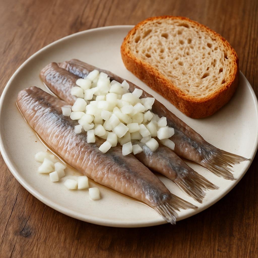 Entree: Netherlands – North Sea Coast – Haring met Uien (Young raw herring dressed simply and served with chopped raw onions and bread) recipe