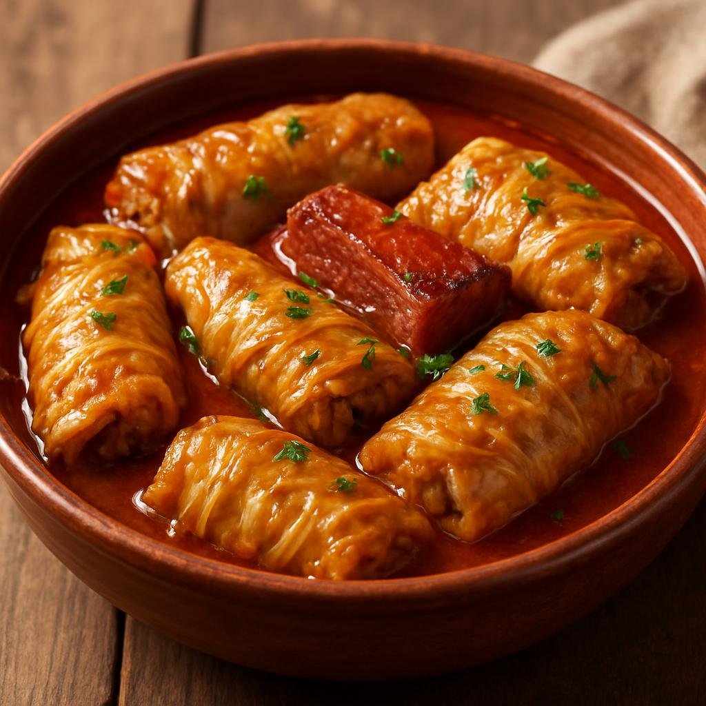 Entree: Romania – Wallachia – Sarmale (Cabbage rolls stuffed with seasoned minced pork and rice, simmered in tomato and smoked meat broth) recipe