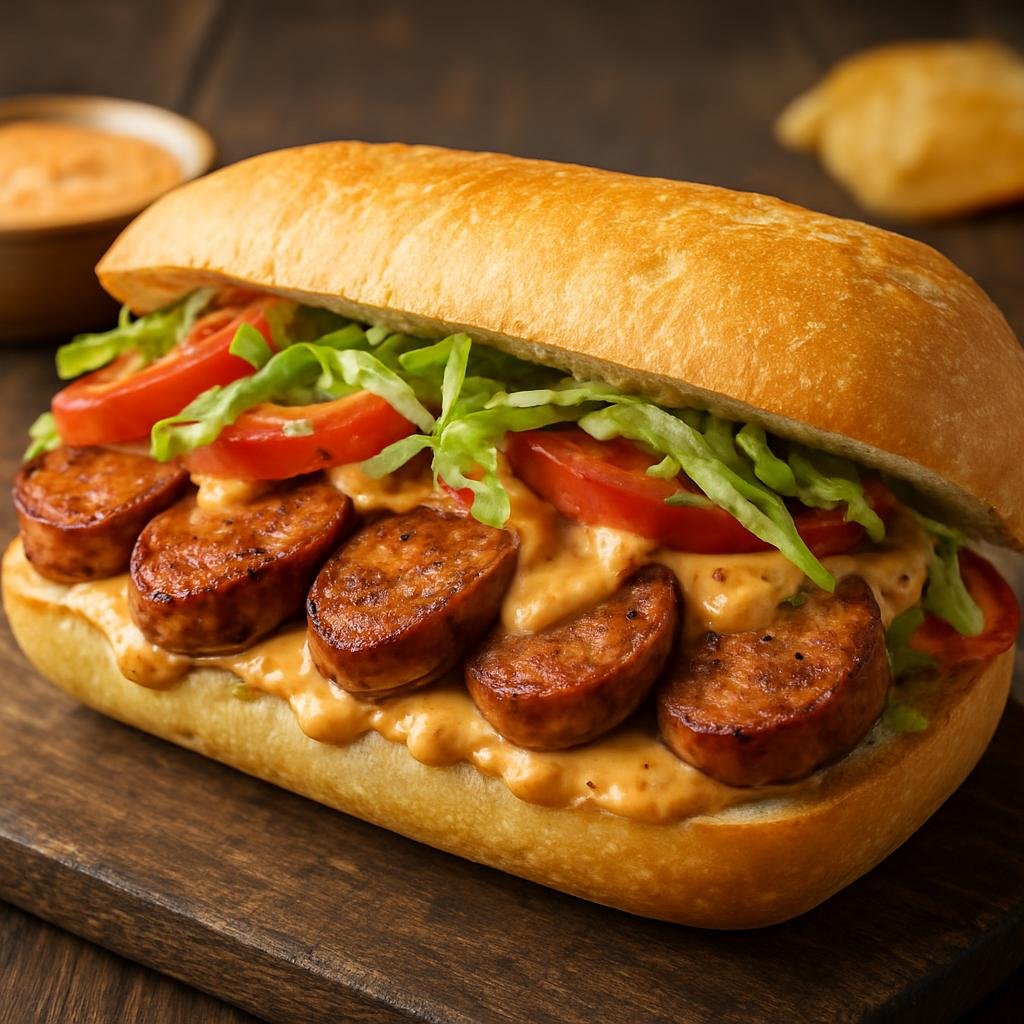 Entree: United States – Cajun Louisiana – Andouille Sausage Po' Boy (Cajun-style sandwich of fried andouille sausage with crunchy vegetables and spicy remoulade on French bread) recipe