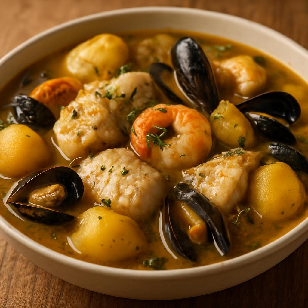 Entree: France – Brittany – Cotriade (A traditional Breton fish stew of mixed white fish, shellfish, potatoes and aromatic broth) recipe