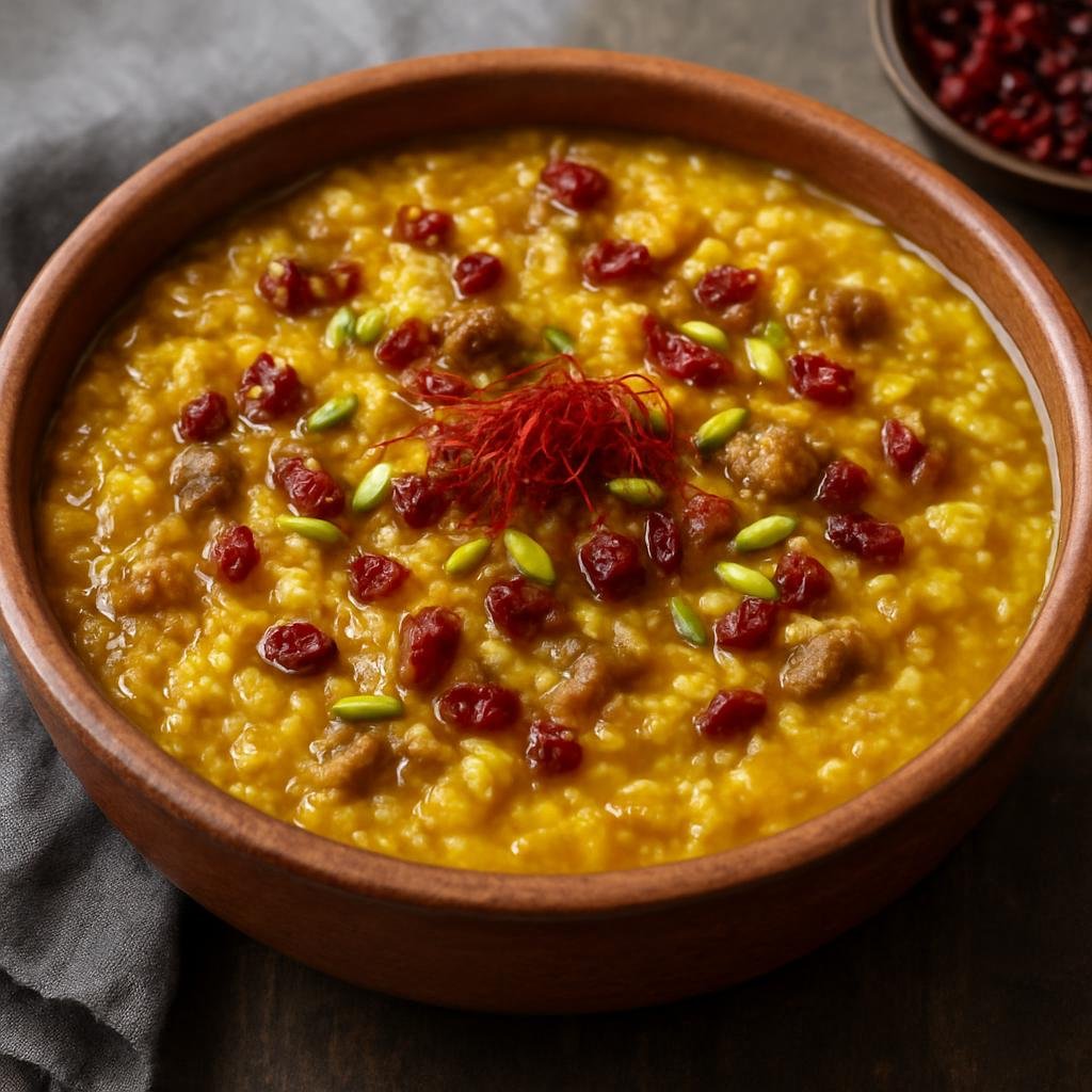 Entree: Iran – Khorasan – شله مشهدی ➤ Sholeh Mashhadi (Thick Mashhad-style savory rice and meat porridge scented with saffron and rosewater) recipe