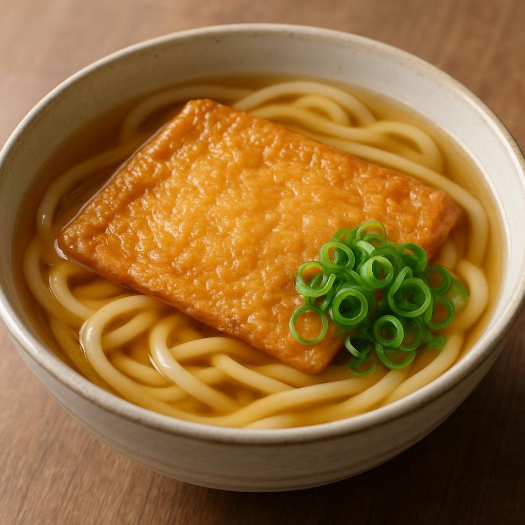 Entree: Japan – Kansai / Osaka-Kyoto – きつねうどん ➤ Kitsune Udon (Udon noodle soup in light dashi broth topped with sweet-simmered fried tofu pockets) recipe